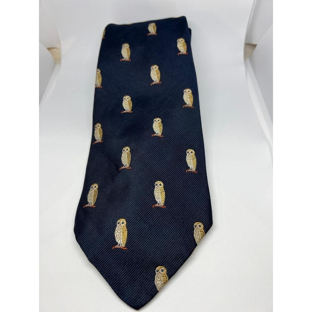 Brooks Brothers men's navy blue tie with owl design business career bird lover